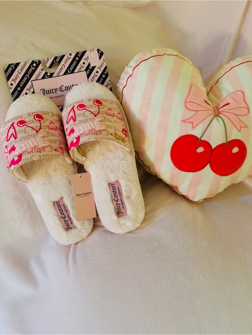 Sandals Y2K Juicy Couture Slides Faux Fur Pink Cherry Print Retro SZ L  8-9 NWT